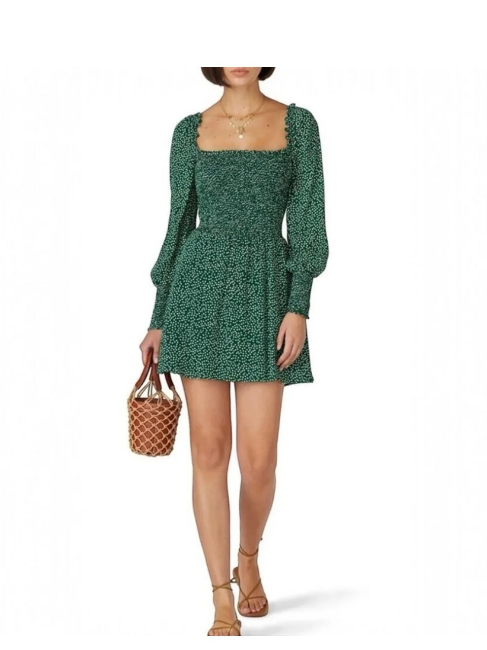 Reformation Green Smocked Square-Neck Mini Dress
